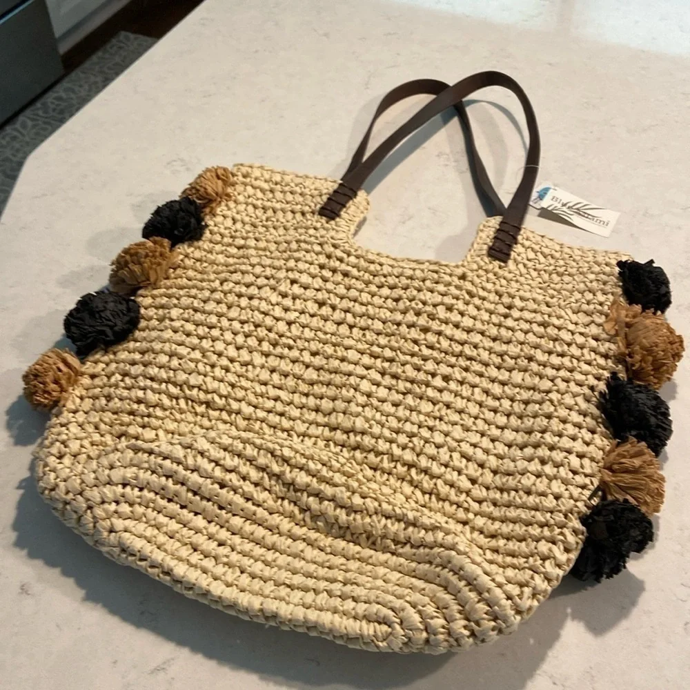 NEW BLUE MIAMI by Capelli Pom Pom Straw Tote Bag Purse